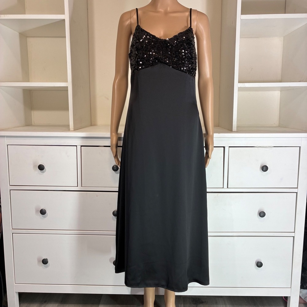 House of Harlow 1960 Black Sequin Bodice Spaghetti Strap Midi Dress Women's M